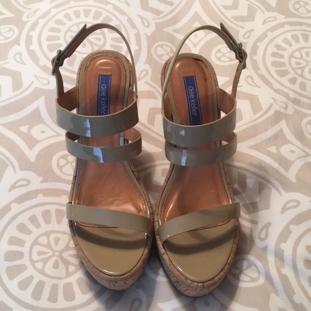 Dee Keller nude patent cork platform wedges